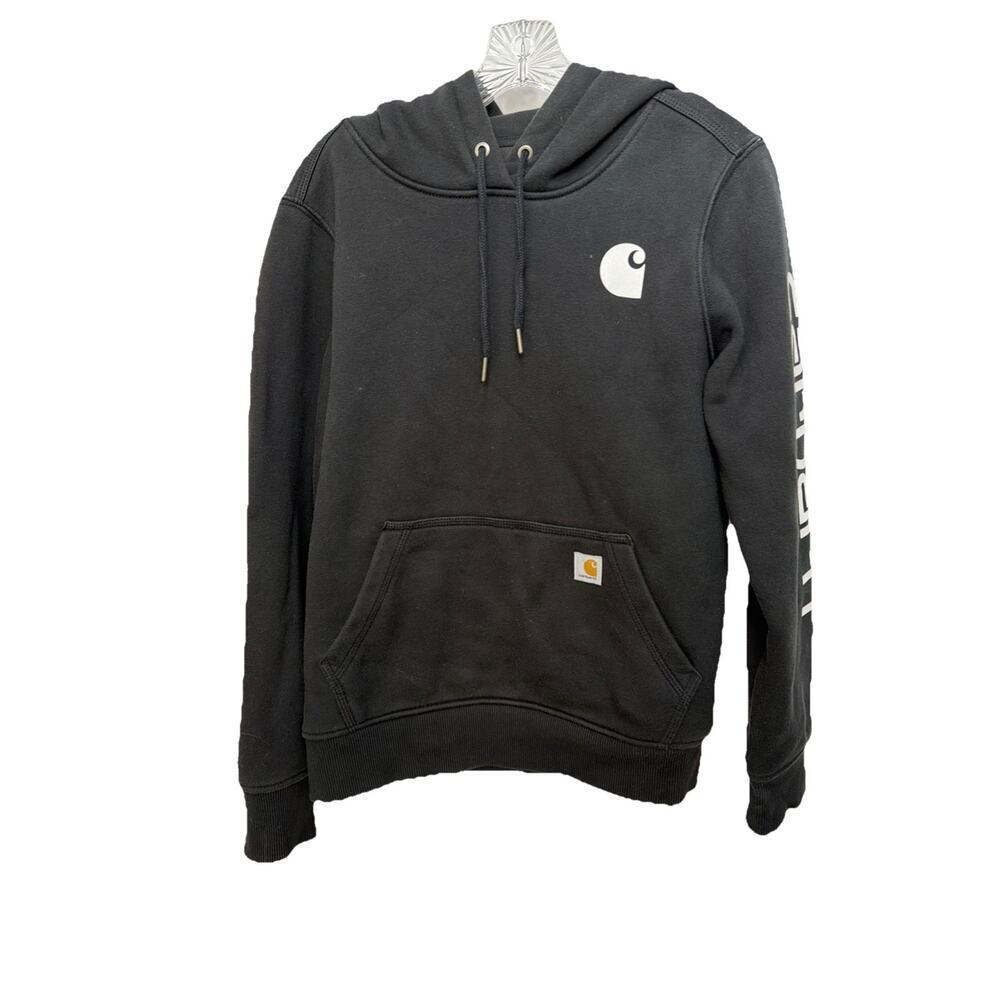 Carhartt Sweatshirt Womens Small (4-6) Black Hoodie Relaxed Fit Spellout Logo